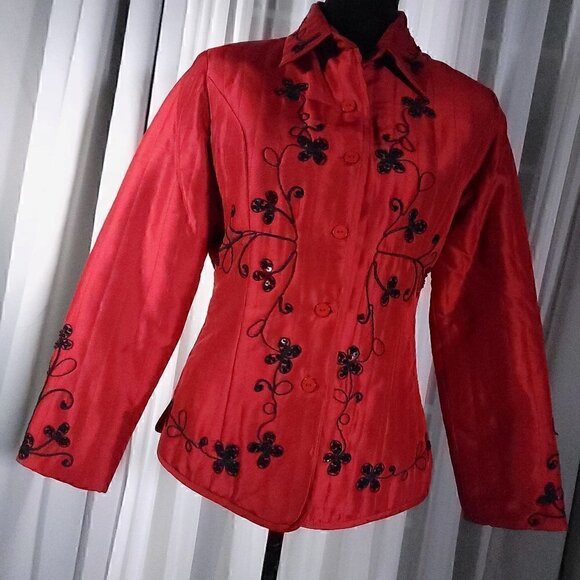 Carole Little Red 100% Lined, Padded, Sequins, Embroidered, Silk Jacket, Size S - Picture 1 of 15